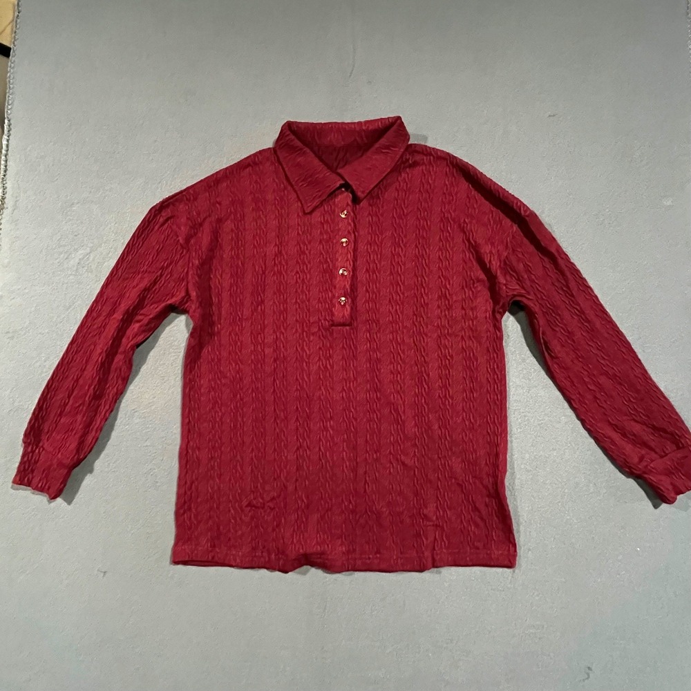 Womens Textured Burgundy Long Sleeve Collared Polo Shirt Size L‎
